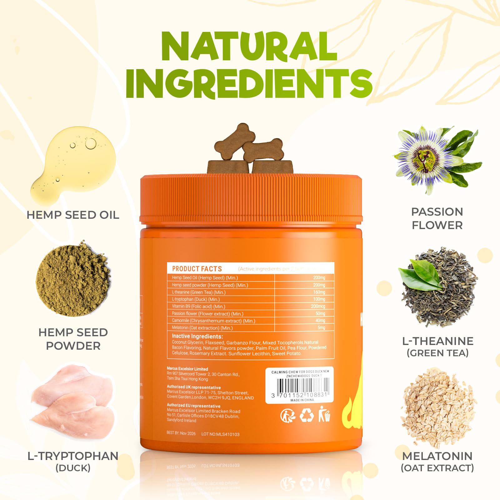 ZENO hemp calming chews ingredients highlight calming botanicals