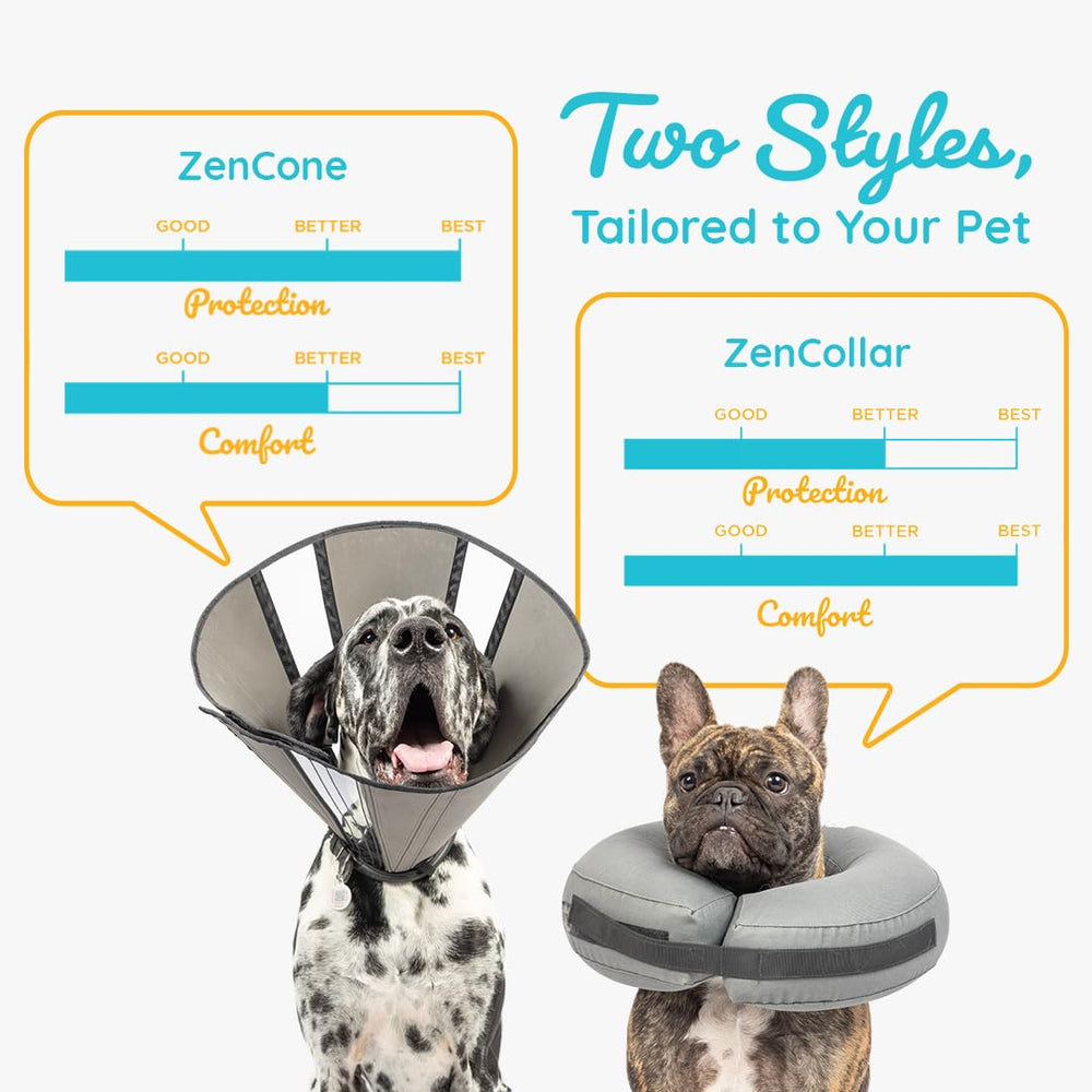 ZenPet Recovery Cone available in four sizes with secure hook-and-loop fasteners.