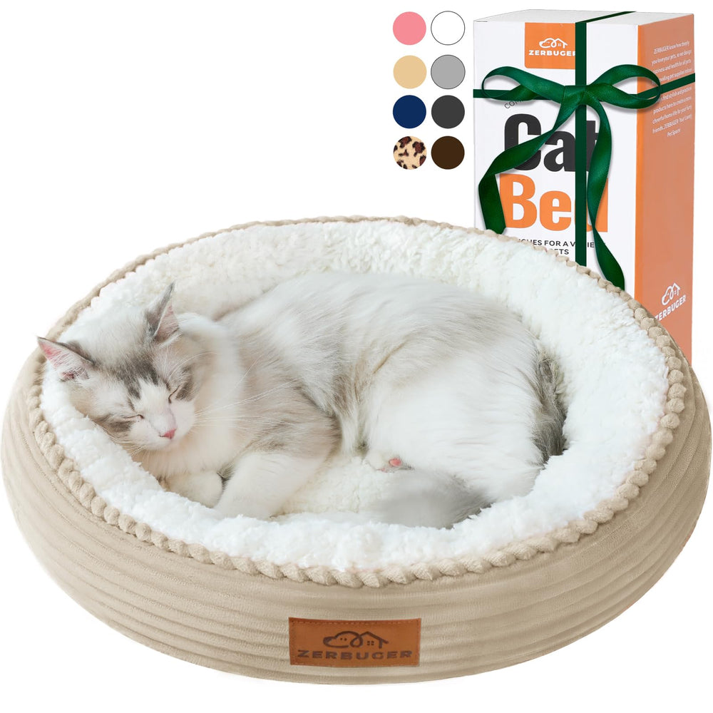 Zerbuger 20in camel round bed hero shows a cozy lounging space for pets.