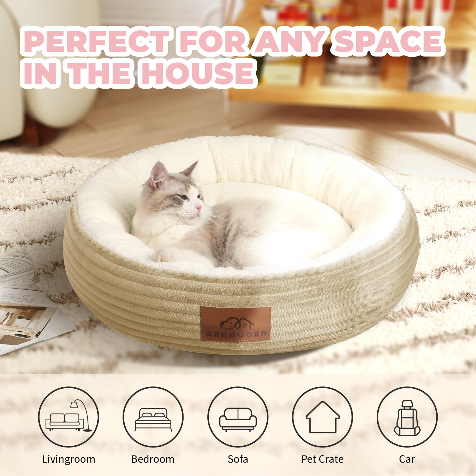Zerbuger 20in round bed size guide image helps compare fit for pets.