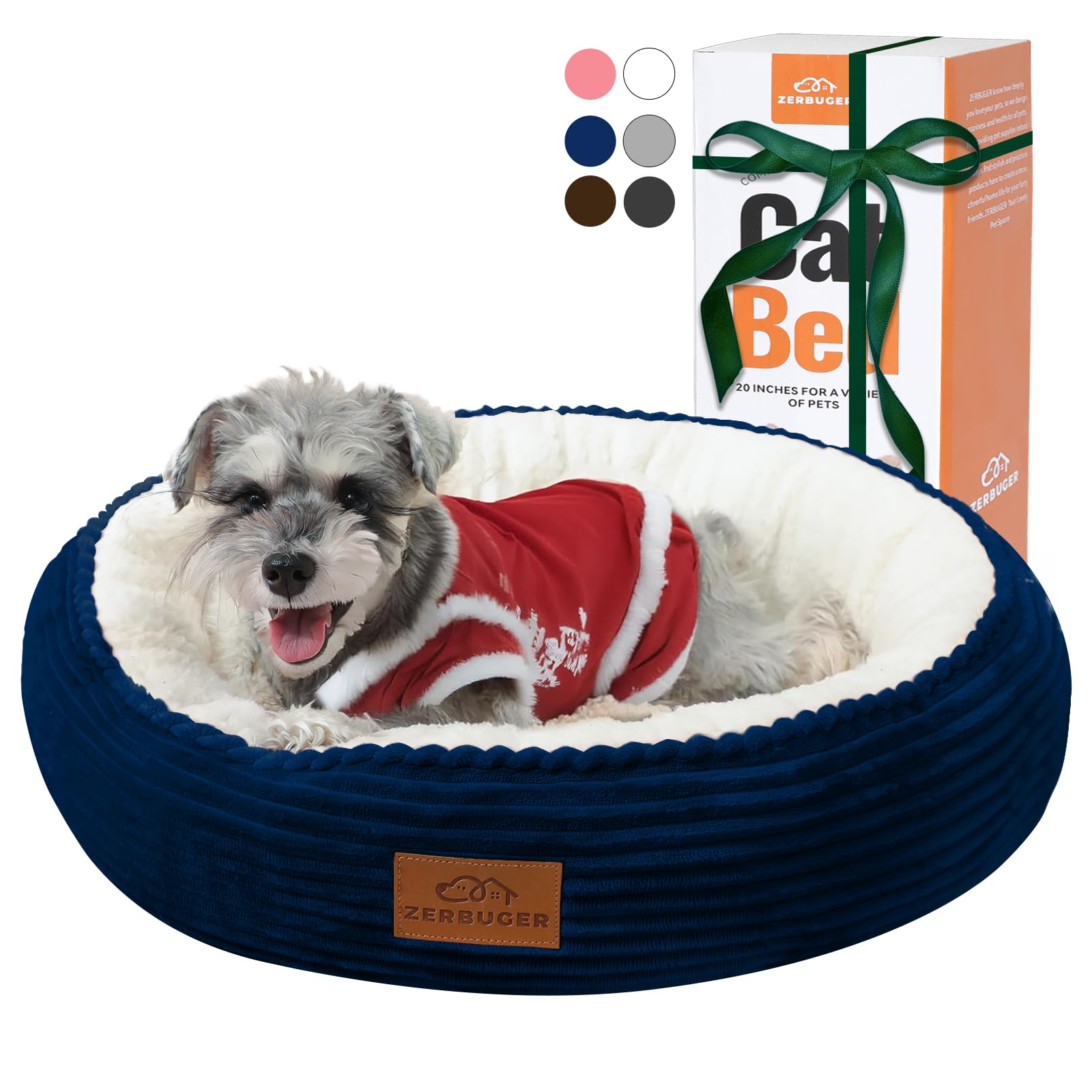 Zerbuger 23in round bed navy blue top view offers cozy pet lounging.