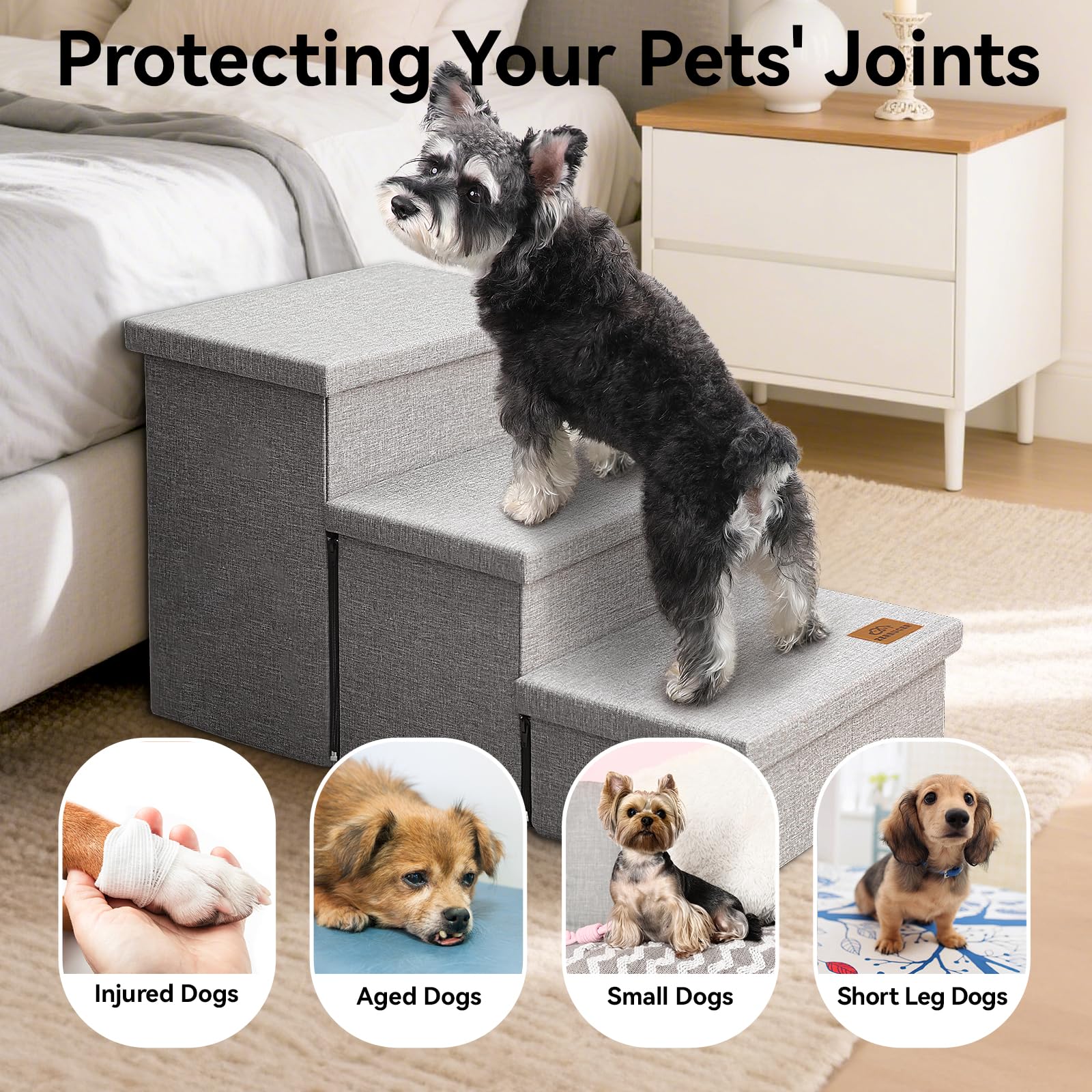 Zerbuger 3-step foam-padded stair closeup for cushioned paw comfort.
