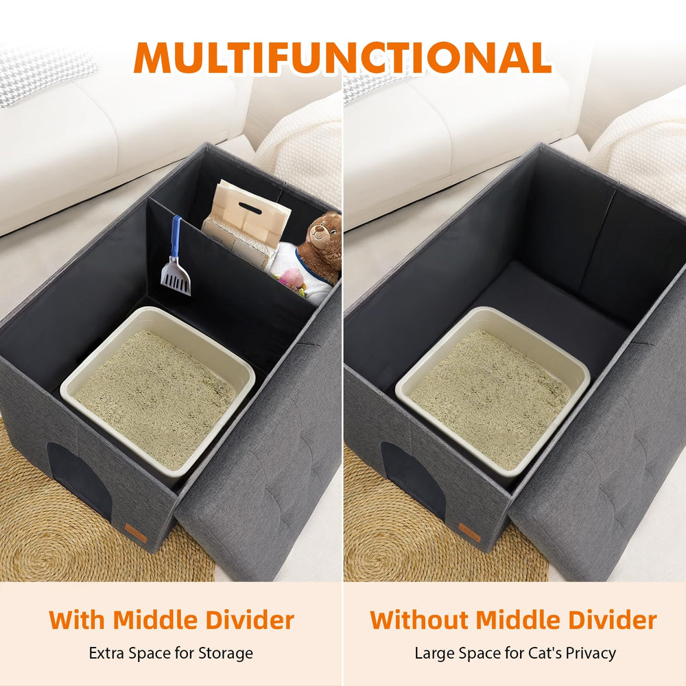 Zerbuger cat litter box enclosure in ottoman form grey highlights multi-use furniture.