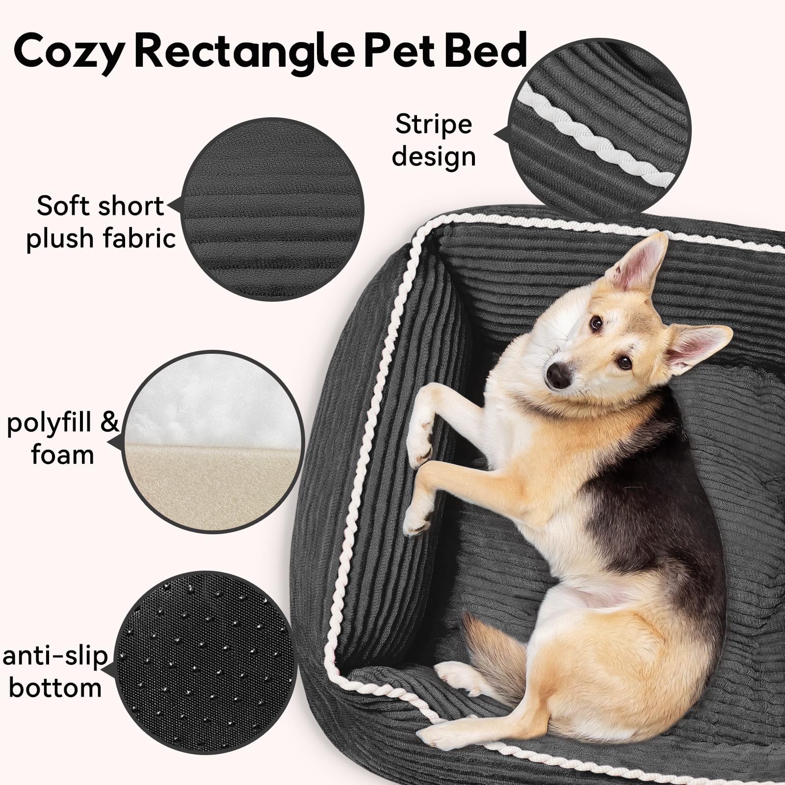 Zerbuger dark grey fabric cover invites modern, cozy dog spaces.