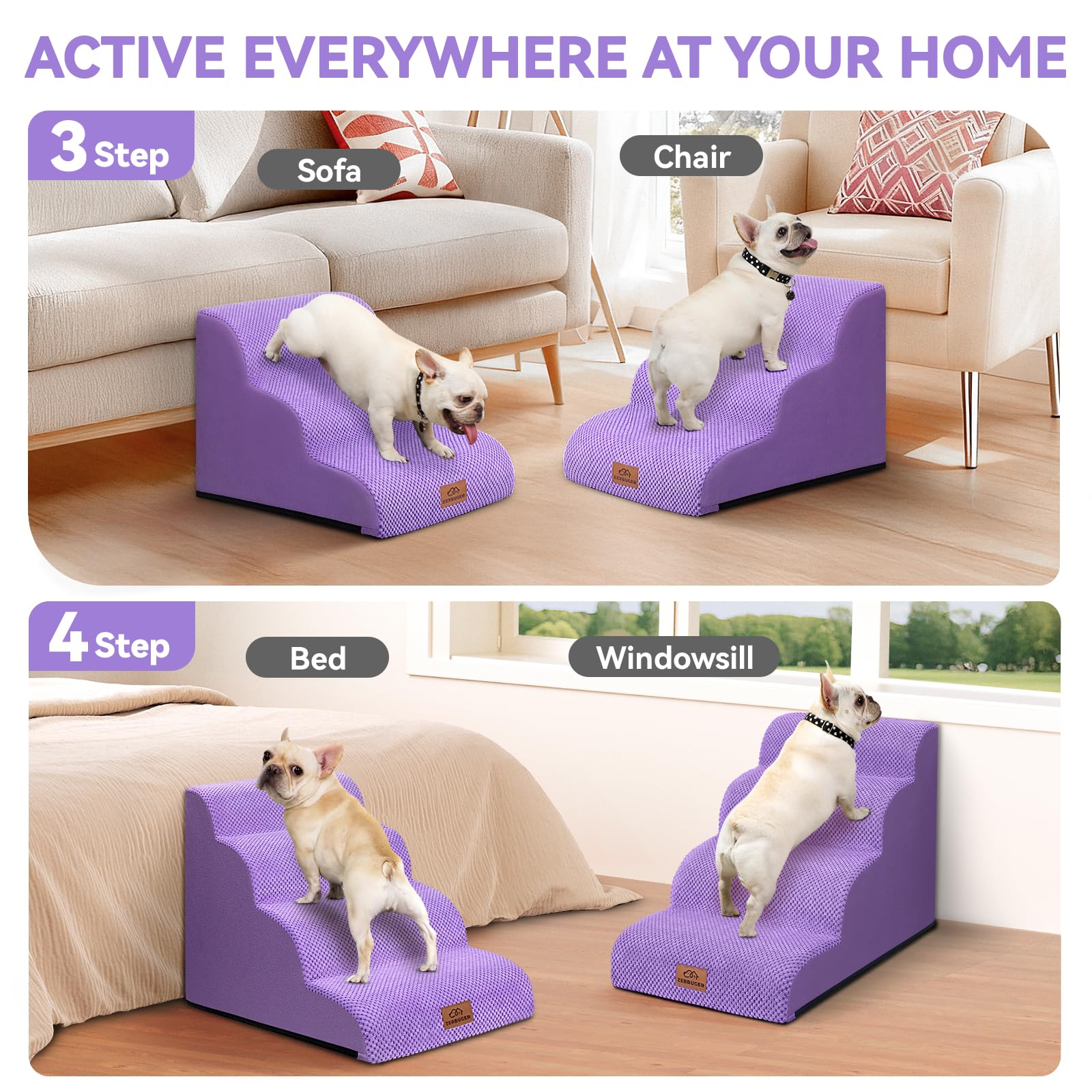 Zerbuger dog ramp 3-step chair use shows gentle incline for safer pet climbs