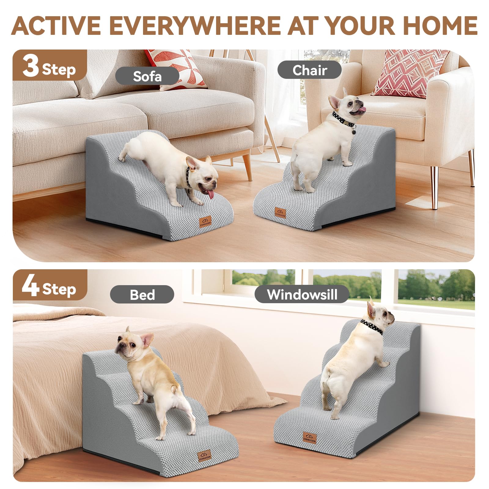 Zerbuger stairs for sofa 3-step wide platform reduces joint stress during daily use.