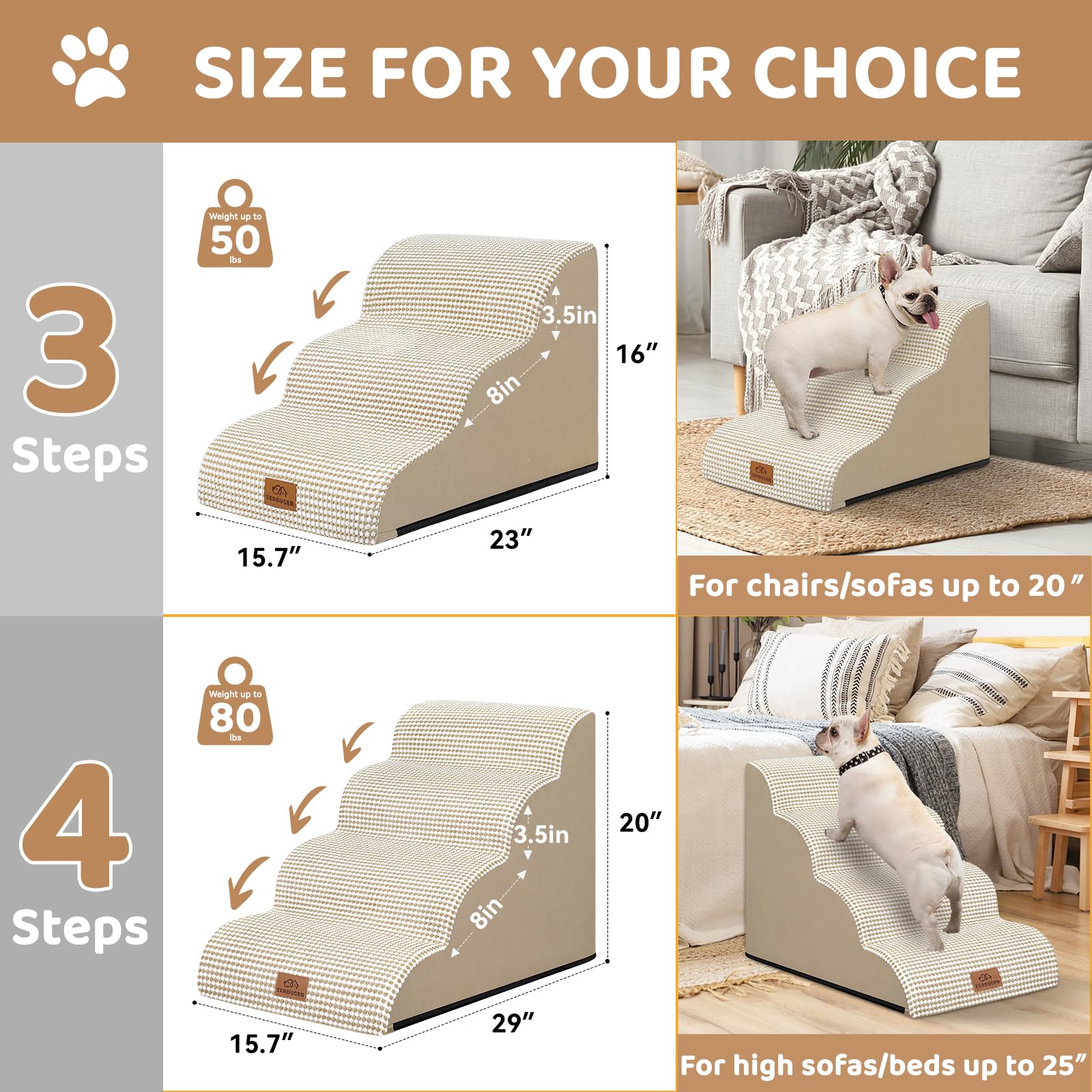 Zerbuger dog stairs beige-fabric-cover blends with interiors.