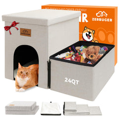 Zerbuger Dog Stairs with Condo shows 15-inch height and hidden storage for toys.