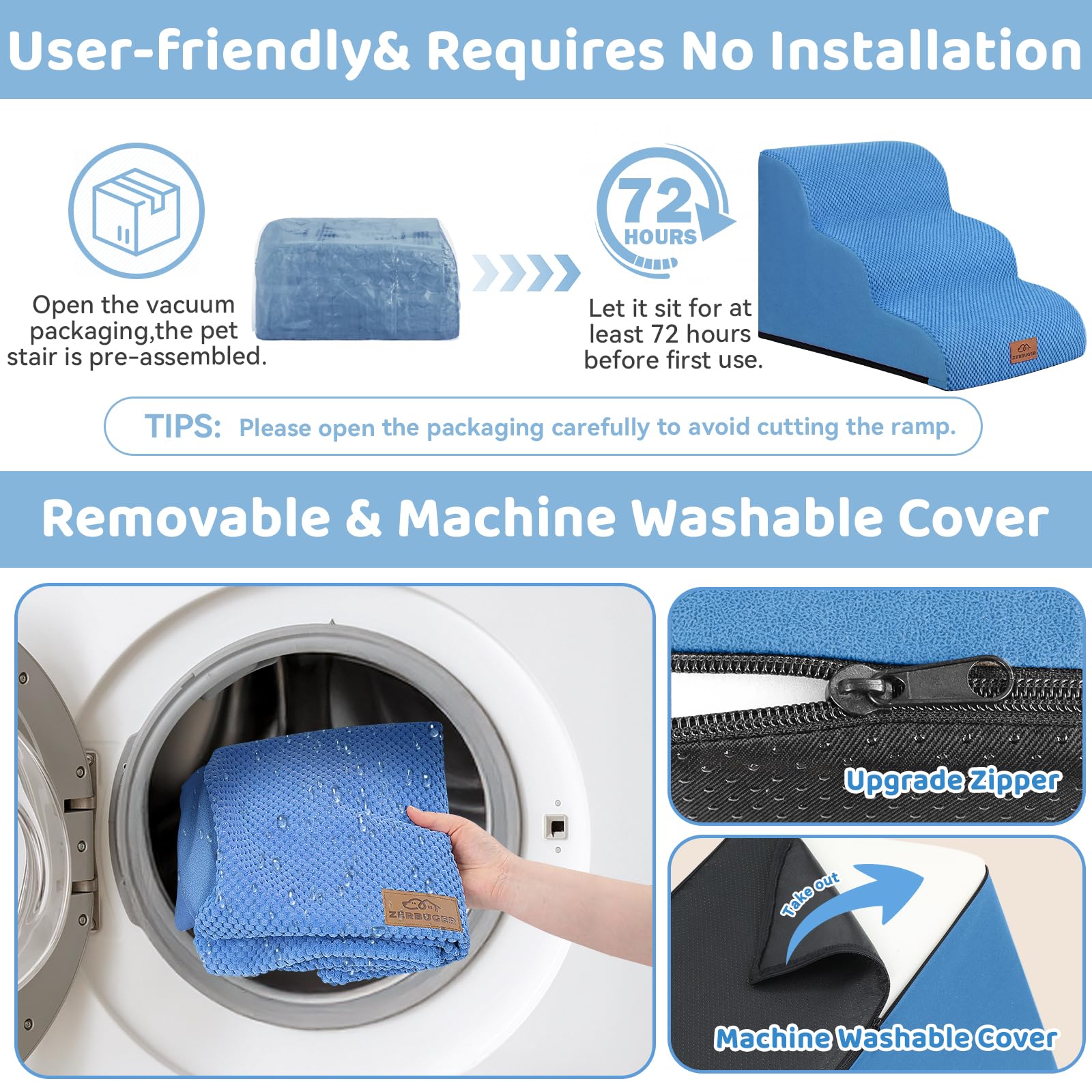 Zerbuger dog stairs removable cover blue for easy machine-wash cleanup