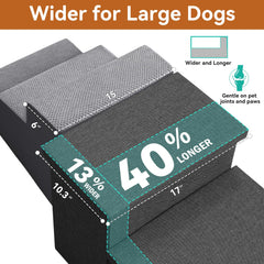 Zerbuger Dog Stairs Storage front view highlights a wide 17-inch footprint for larger dogs.