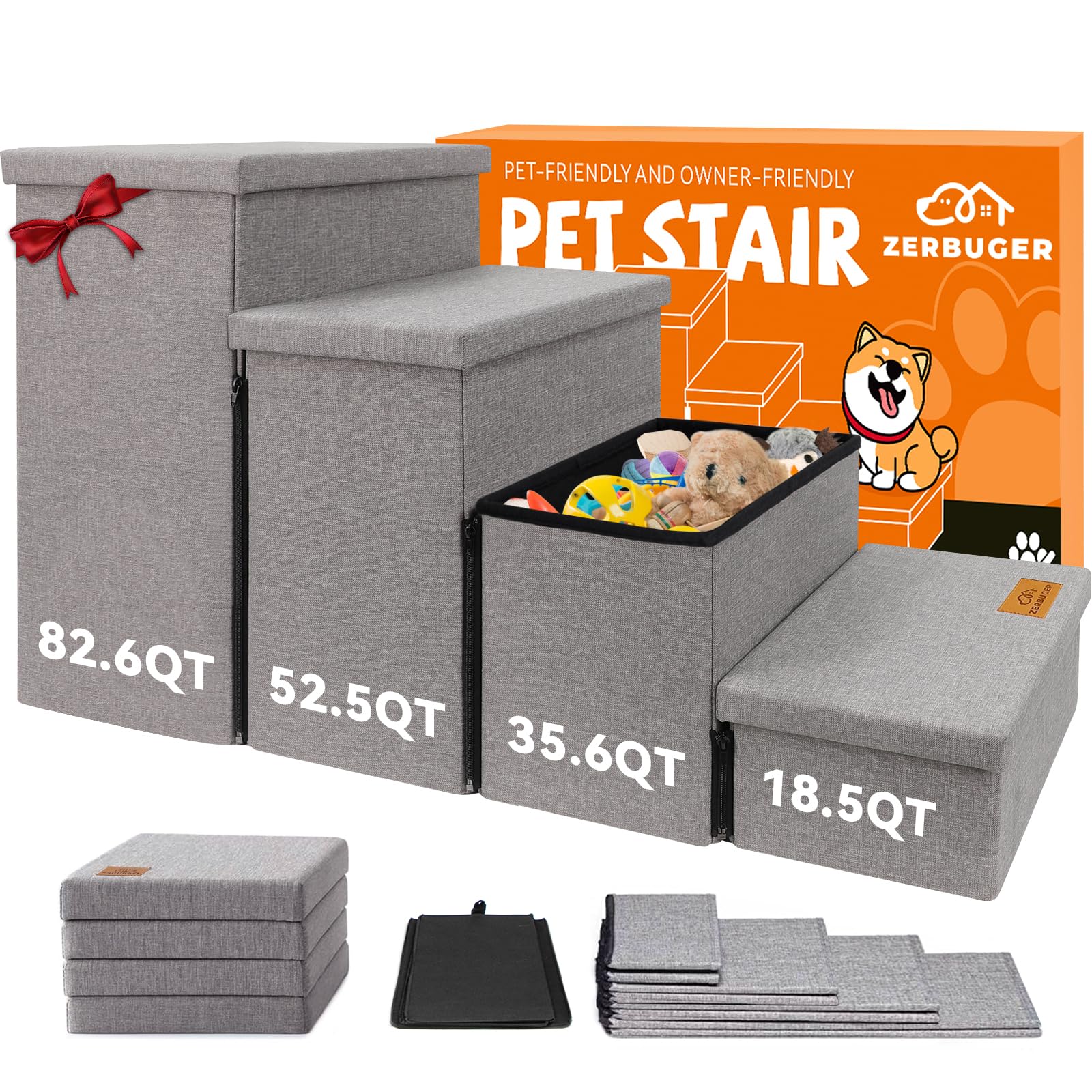 Zerbuger Dog Stairs with Storage lids showing built-in storage access for toys and clothes