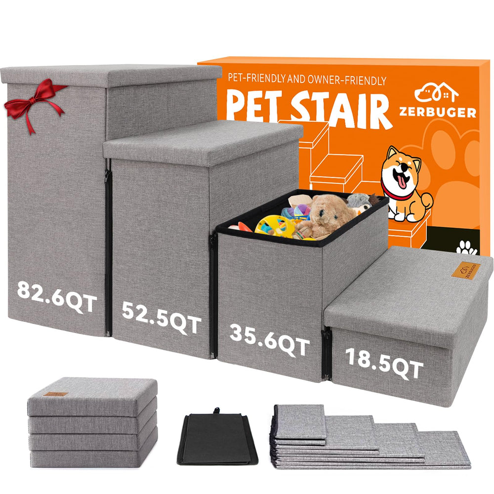 Zerbuger Dog Stairs with Storage lids showing built-in storage access for toys and clothes