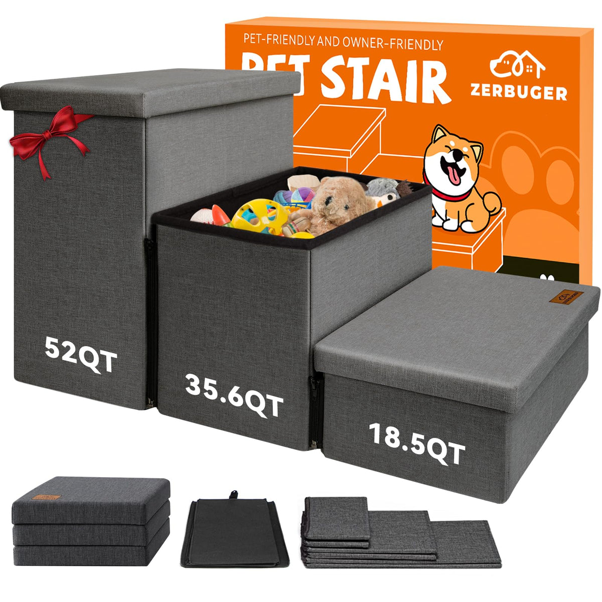 Zerbuger Dog Stairs Storage side view shows a stable 3-step climb for pets.