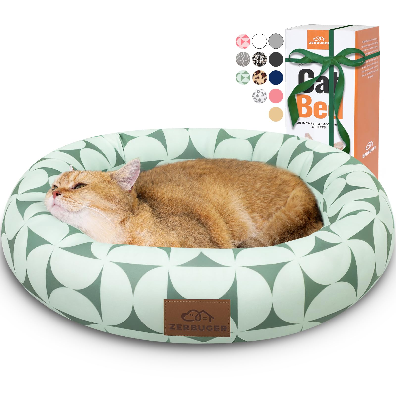 Zerbuger Donut Pet Bed green pattern closeup shows cozy cushioning for comfort.