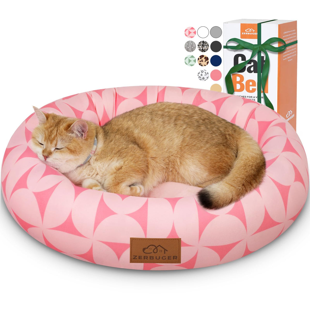 Zerbuger donut pet bed pink pattern provides cozy support for cats and small dogs.