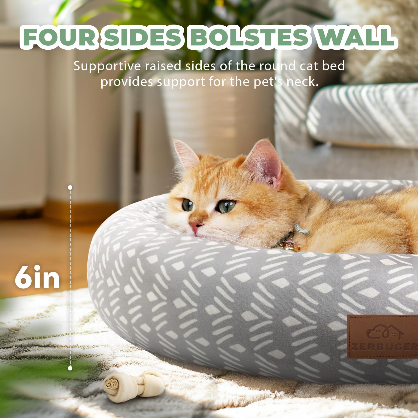 Zerbuger donut bed with raised edges providing soft neck support.