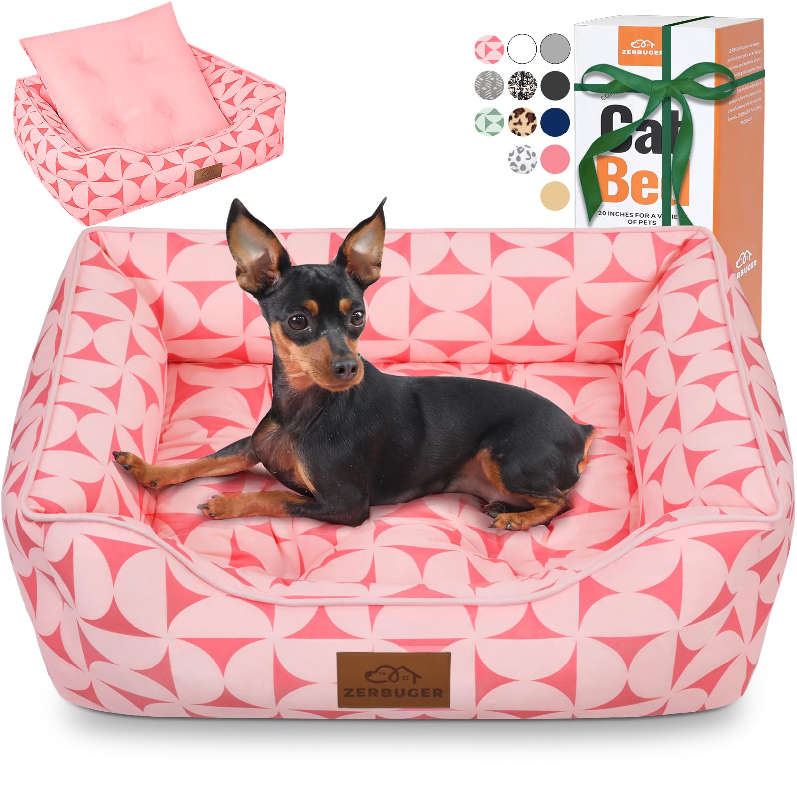 Zerbuger rectangle pet bed in pink pattern offers plush cozy resting surface for pets