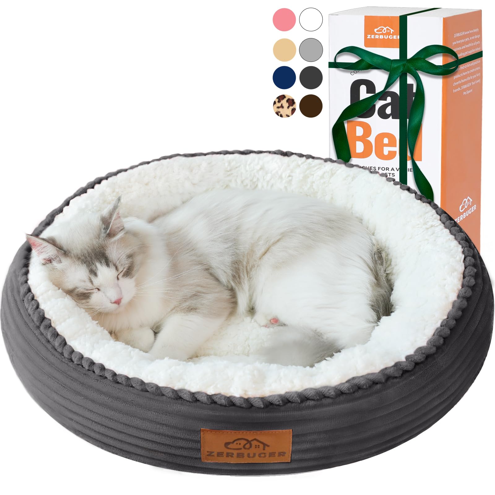 Zerbuger round-donut cat bed in dark grey delivers plush comfort for calm naps.