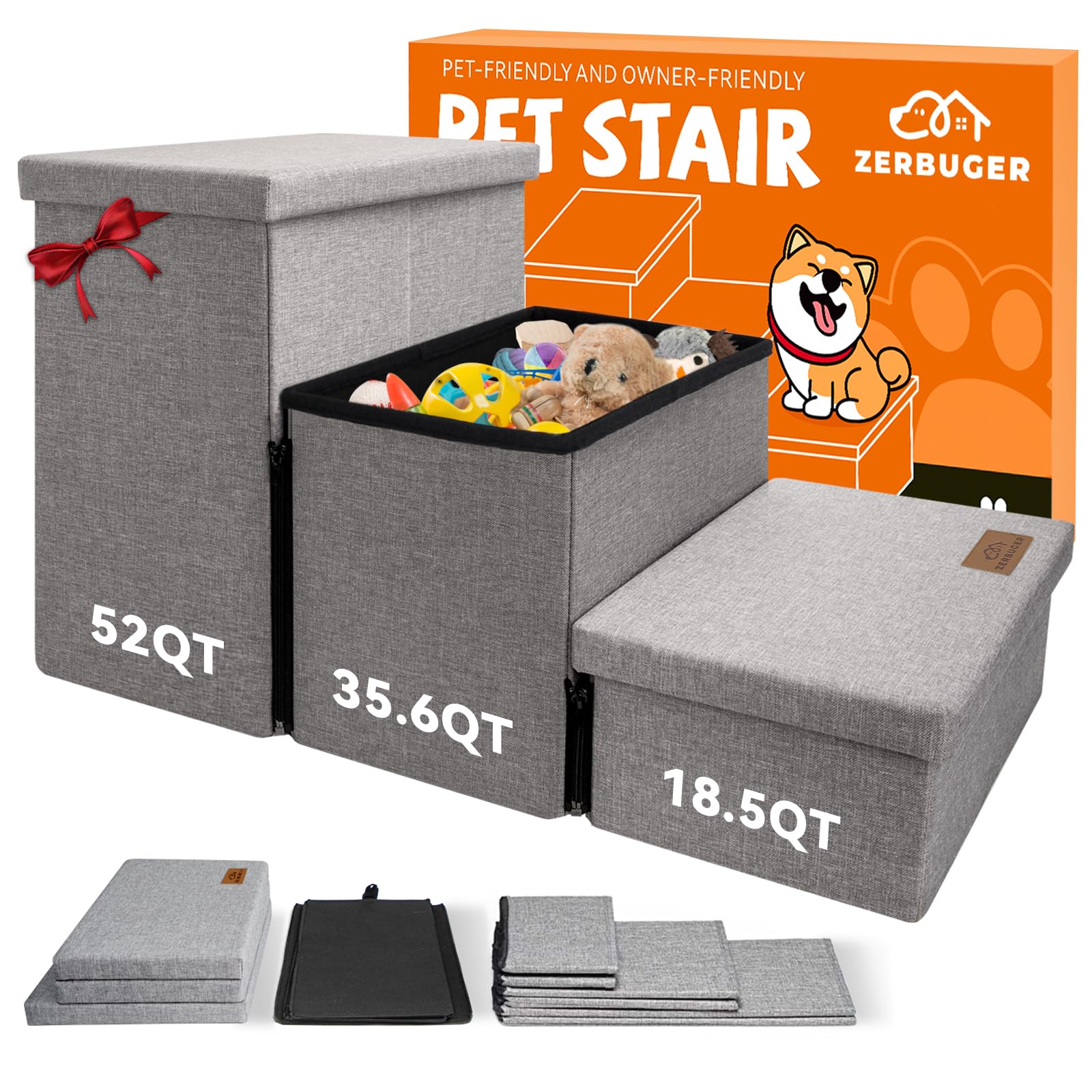 Zerbuger wider dog stairs storage 18h 3-step gray, stable couch access for pets.