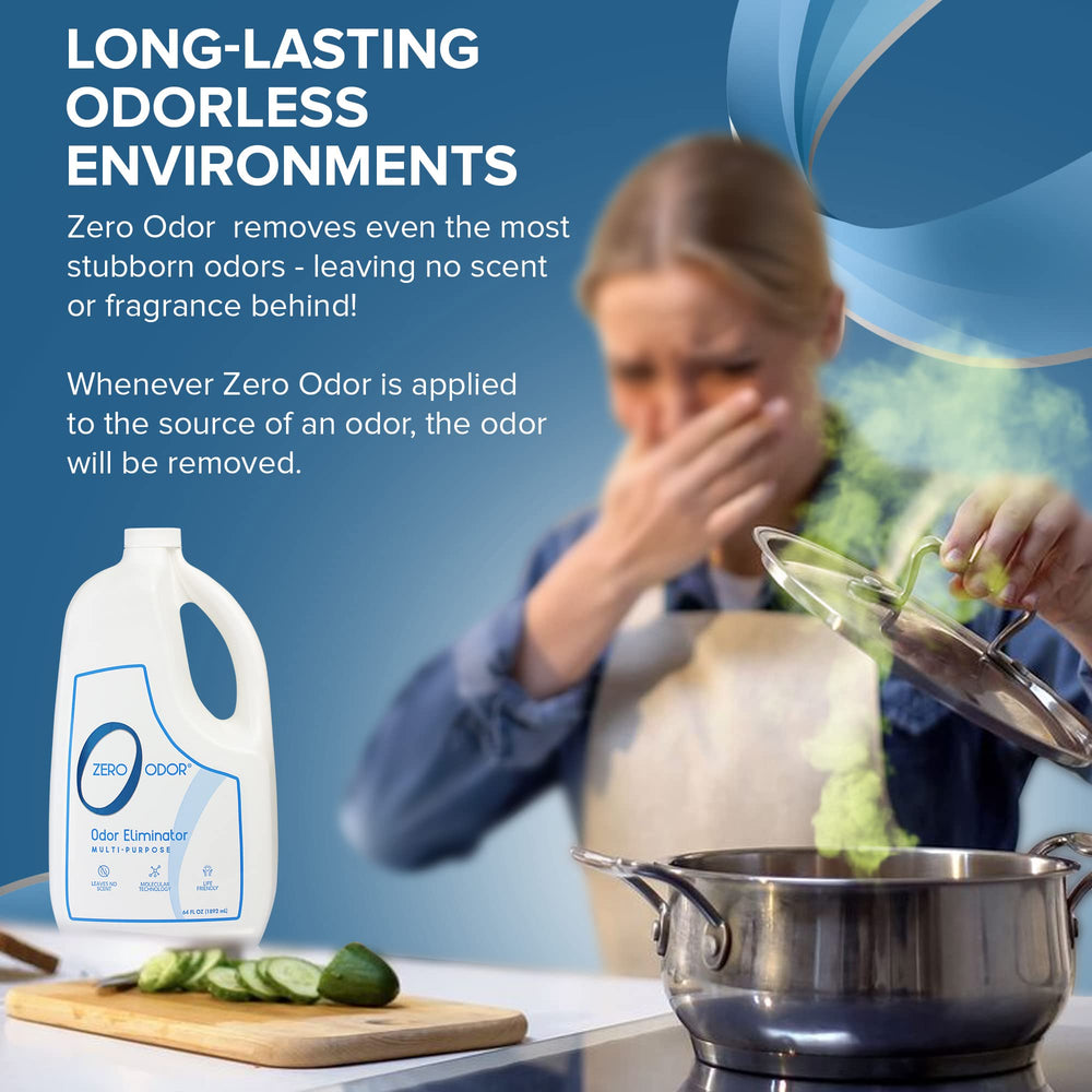 Zero Odor bathroom odor removal application illustrates quick relief from lingering smells.