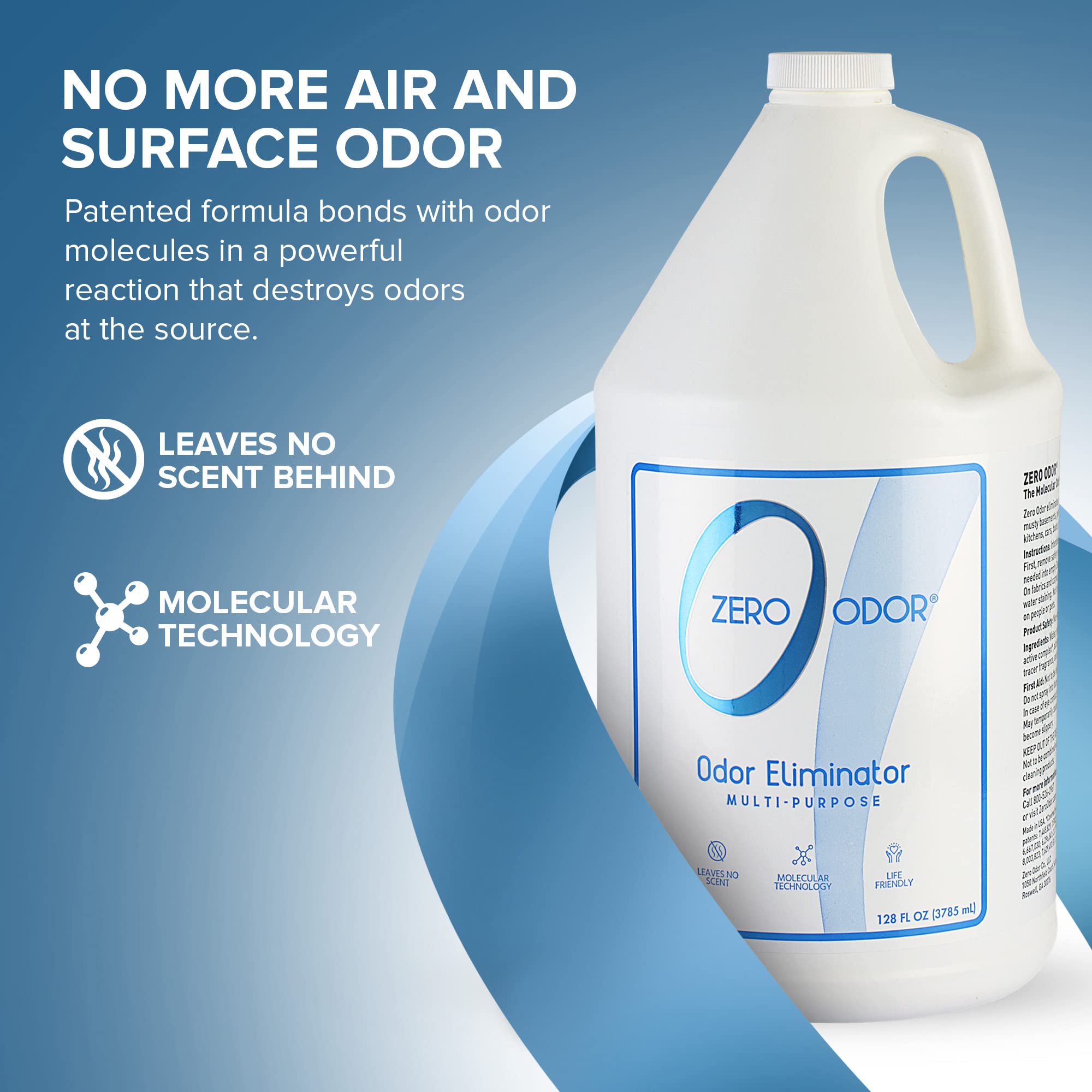 Zero Odor spray action shows quick mist for odor control.