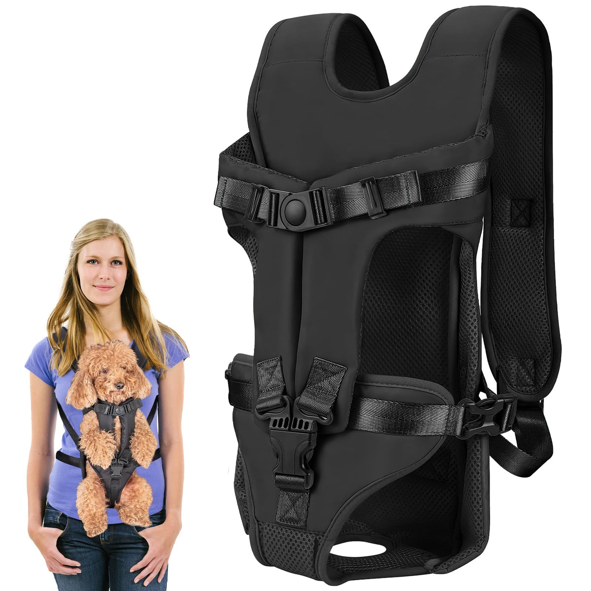 ZESTEFY pet carrier backpack front view with secure fit for small pets outdoors.