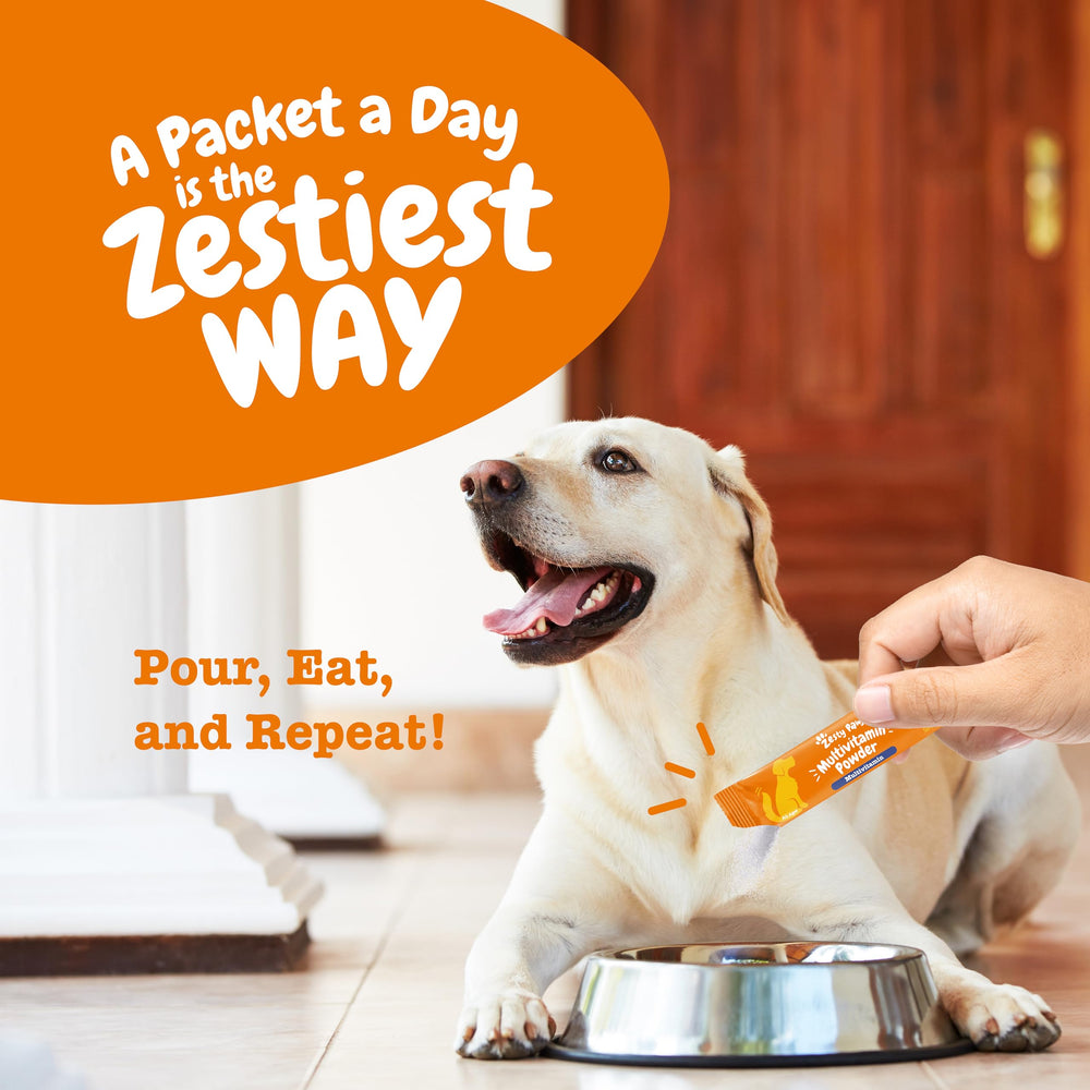 Zesty Paws 10-in-1 serving-scoop demonstrates easy dosing for consistent daily support.