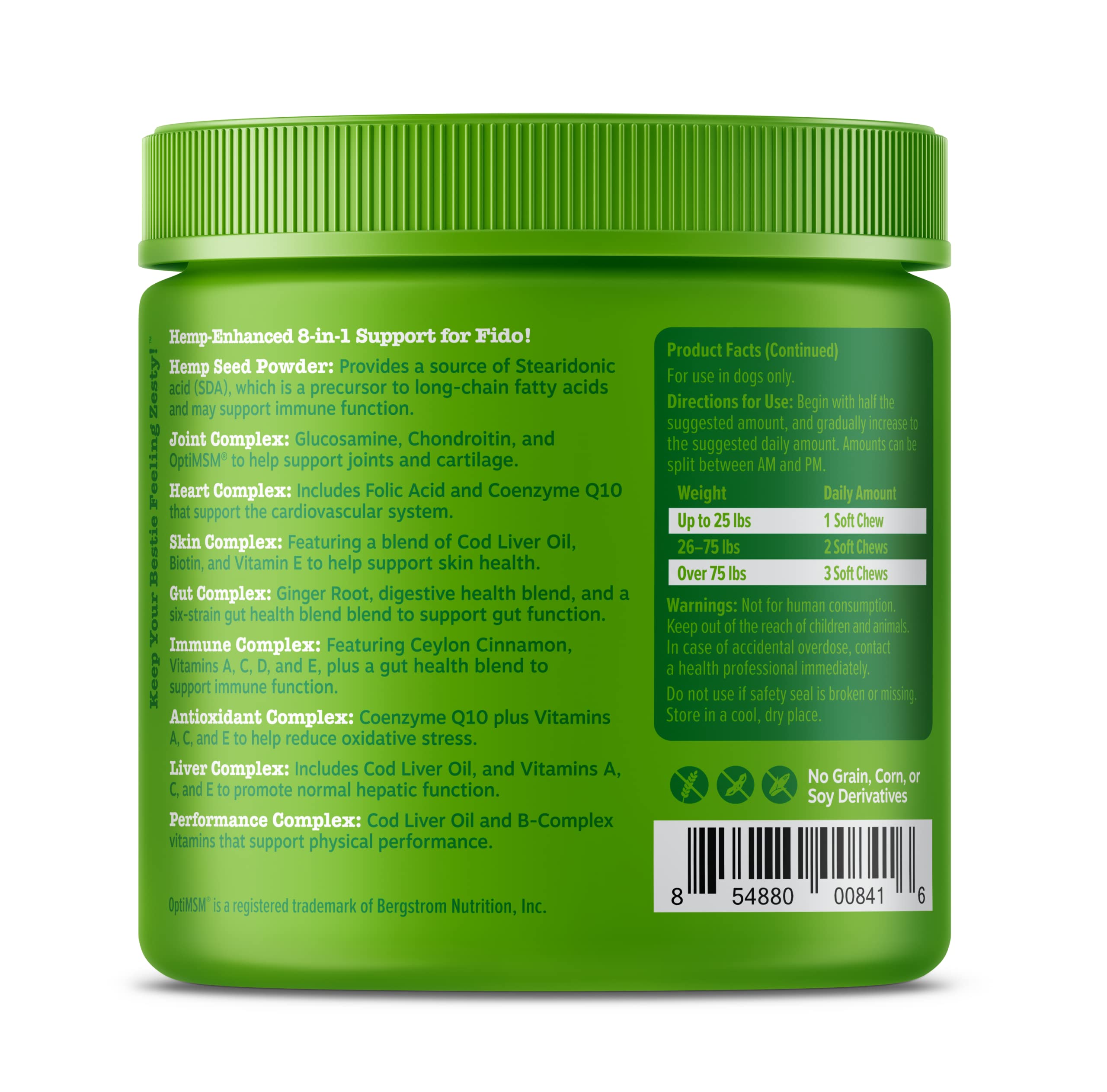 Zesty Paws 8-en-1 Bites para perros, apoyo digestivo con mezcla probiótica.