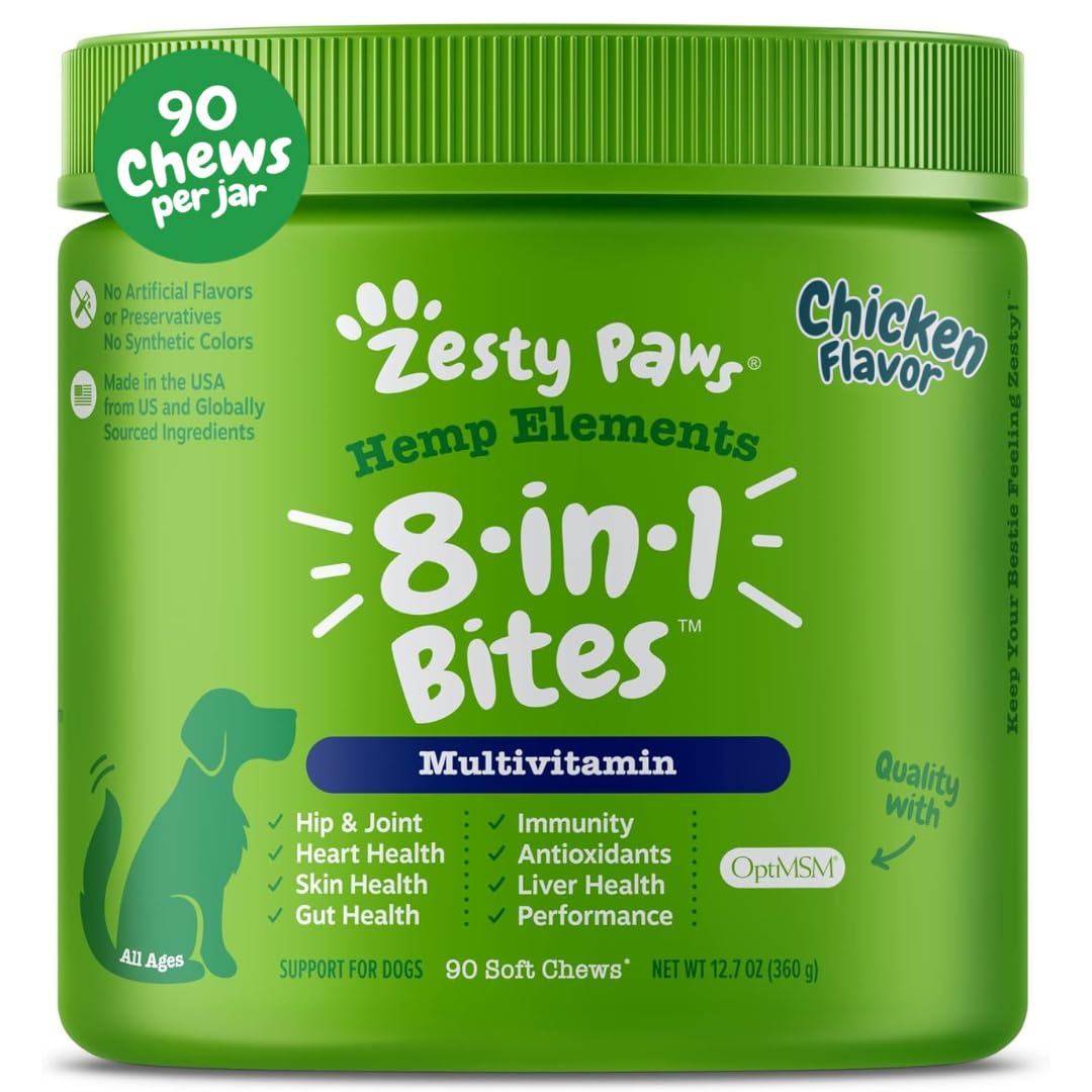 Zesty Paws 8-in-1 Bites dog bottle front promotes heart and immune support