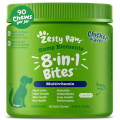 Zesty Paws 8-in-1 Bites dog bottle front promotes heart and immune support