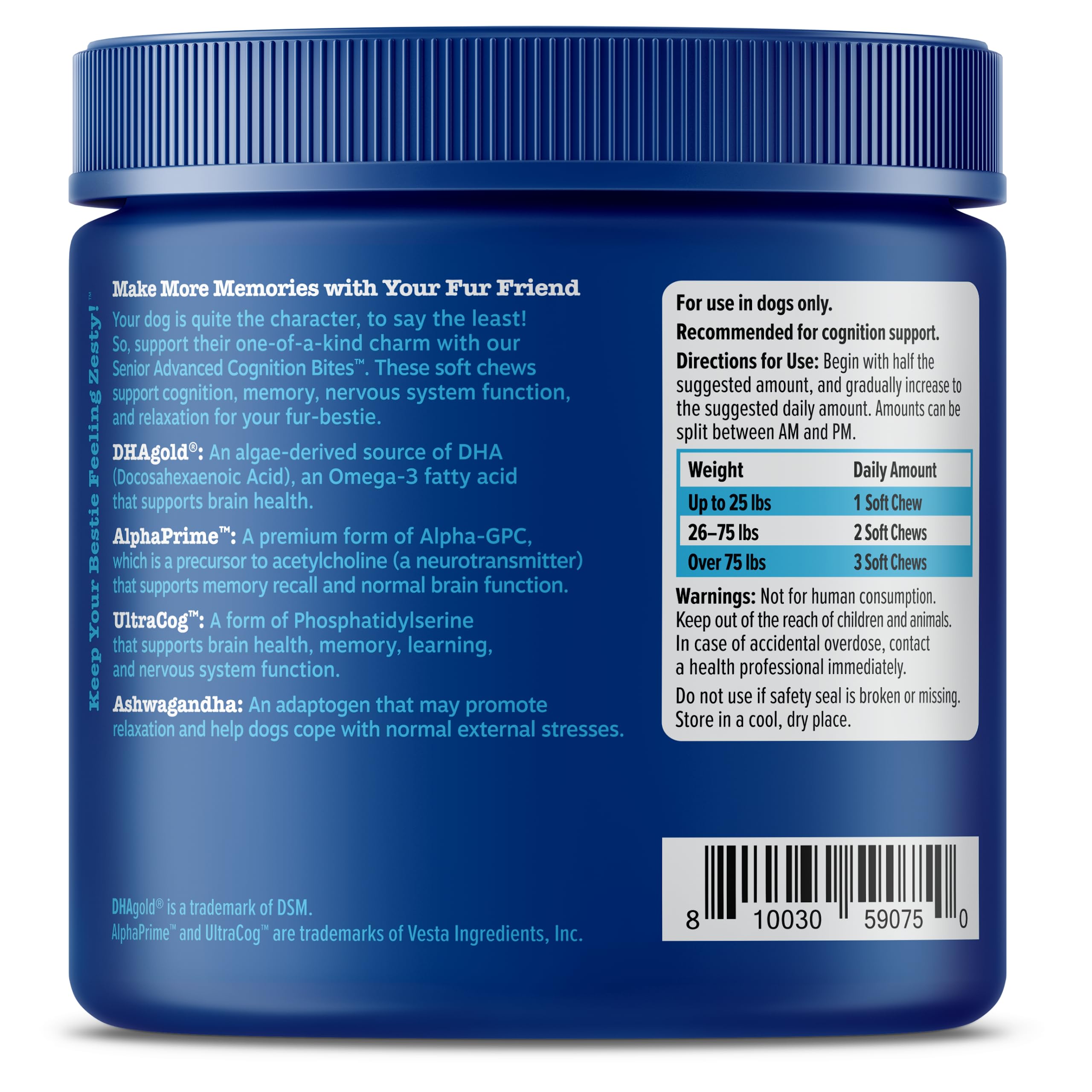 Zesty Paws Advanced Cognition bites omega-3 DHA supports brain health.