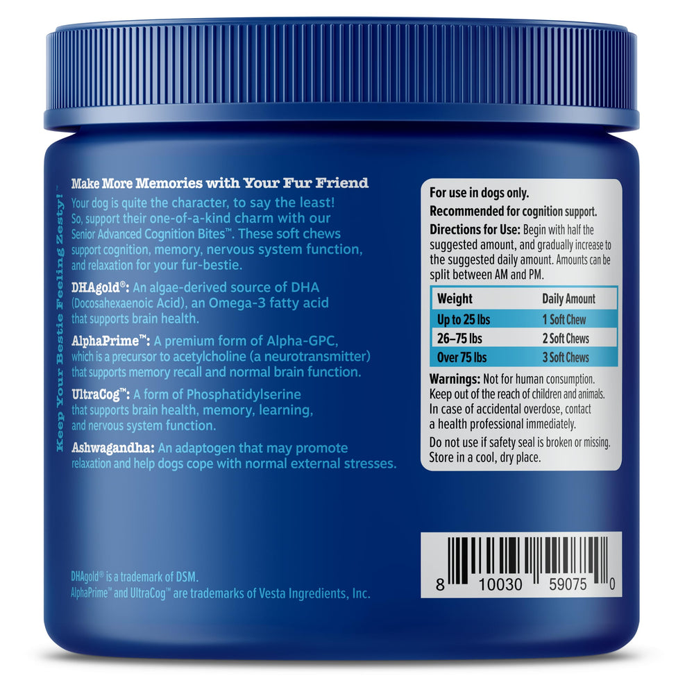 Zesty Paws Advanced Cognition bites omega-3 DHA supports brain health.