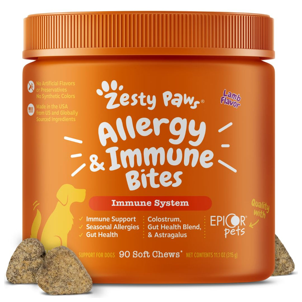 Zesty Paws gomitas de cordero para alergias caninas y piel saludable.