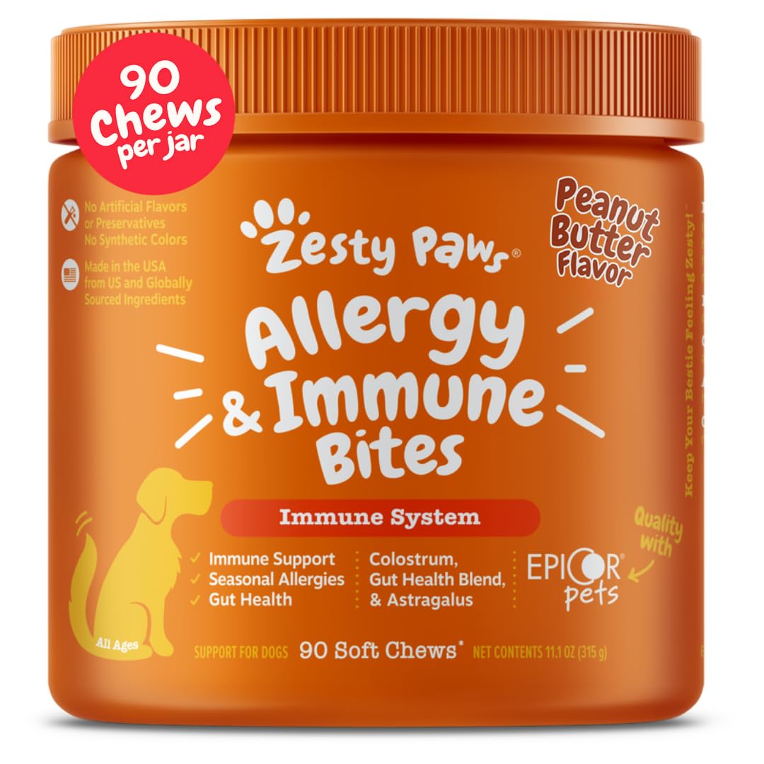 Zesty Paws Allergy Relief Chews bottle shows peanut butter flavor for itchy skin support.