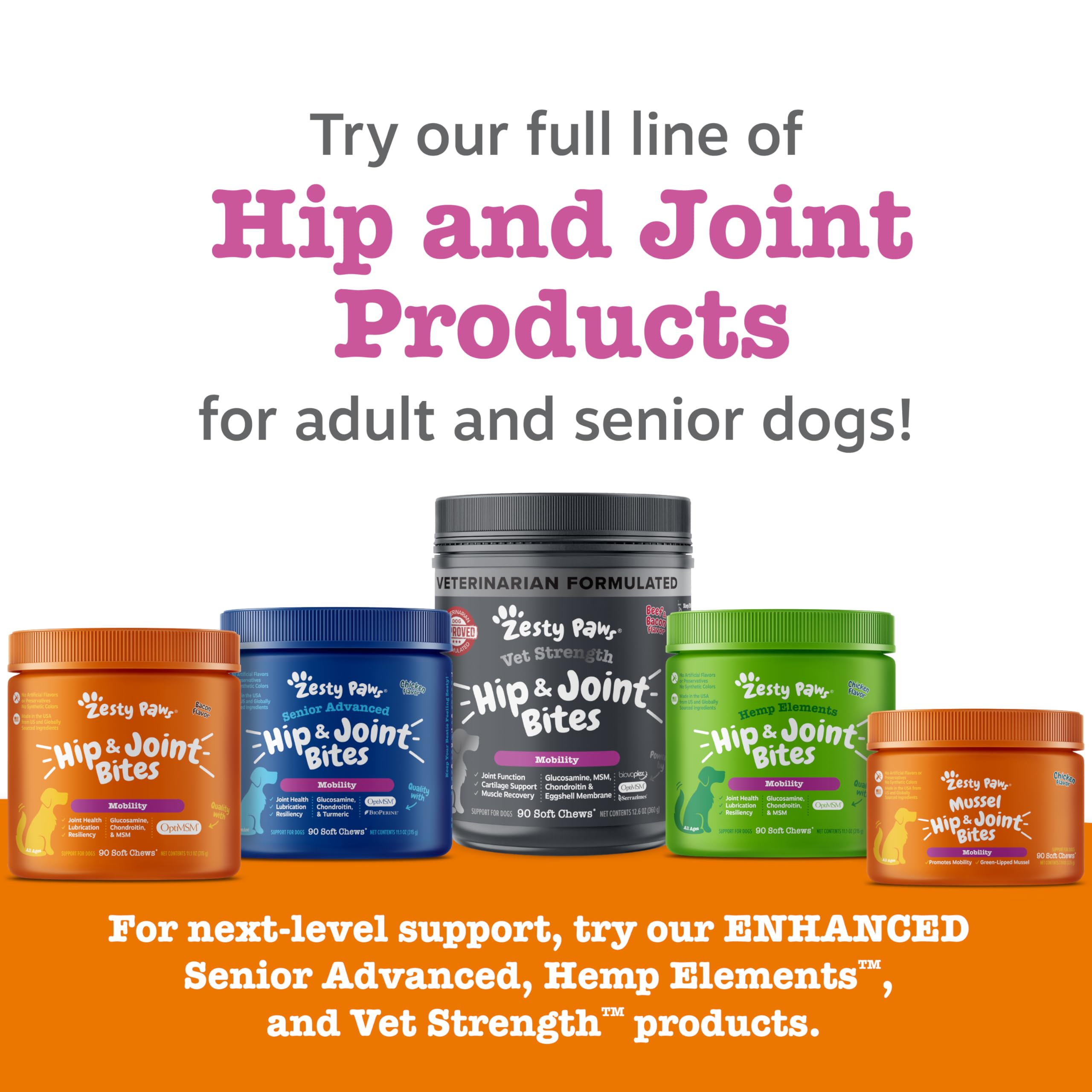Zesty Paws bacon-flavored hip-joint chews appealing to dogs.