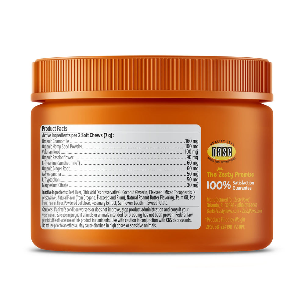 Zesty Paws Calming Chews 50-count bottle on shelf for easy refills.
