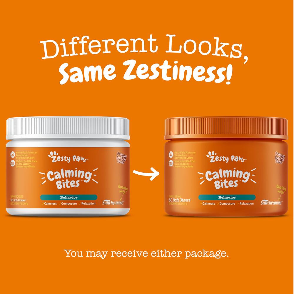 Zesty Paws Calming Chews featuring Ashwagandha and valerian for natural relaxation.