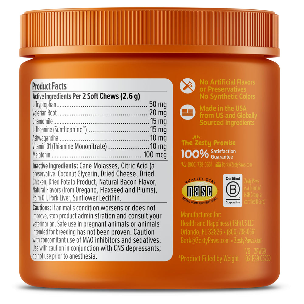 Zesty Paws Calming Chews cat-ashwagandha-label featuring natural ingredients for relaxed moments