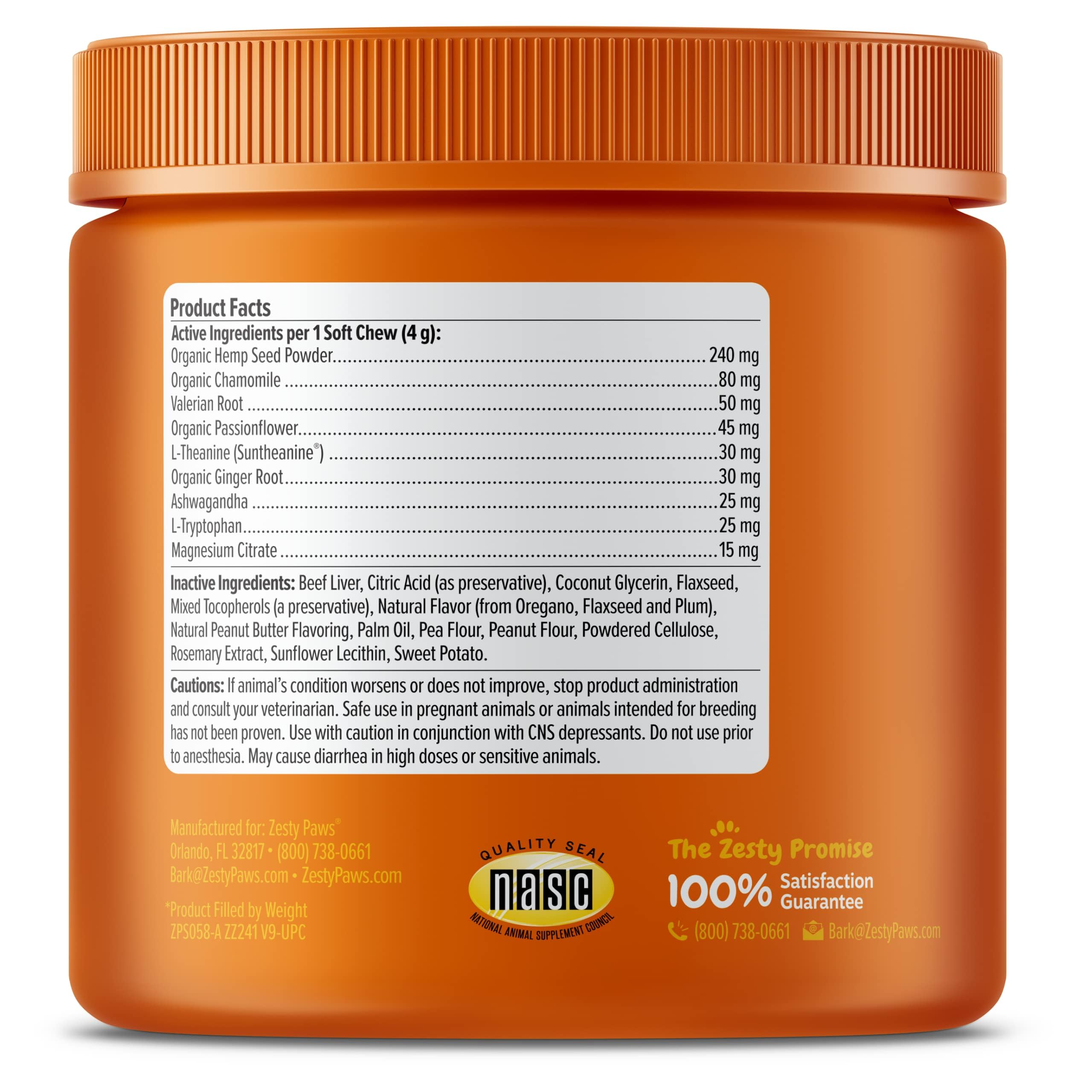 Zesty Paws Calming Chews magnesium citrate and L-tryptophan featured for mood support.