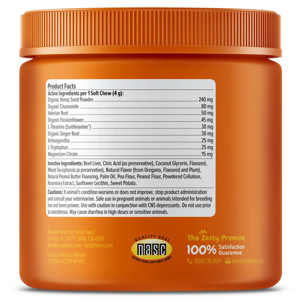 Zesty Paws Calming Chews magnesium citrate and L-tryptophan featured for mood support.