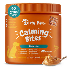 Zesty Paws Calming Chews peanut butter package front promotes calm during daily routines.