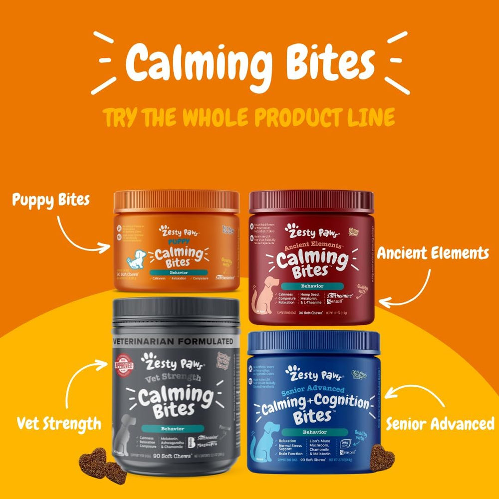 Zesty Paws Calming Chews organic hemp seed powder and passionflower highlight calming support.