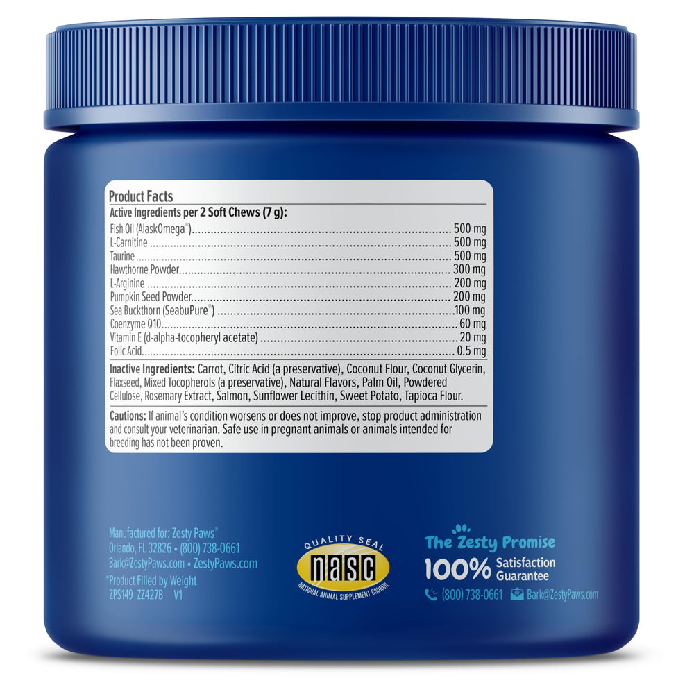 Zesty Paws cardiovascular hawthorn powder bottle highlighting immune and antioxidant support.