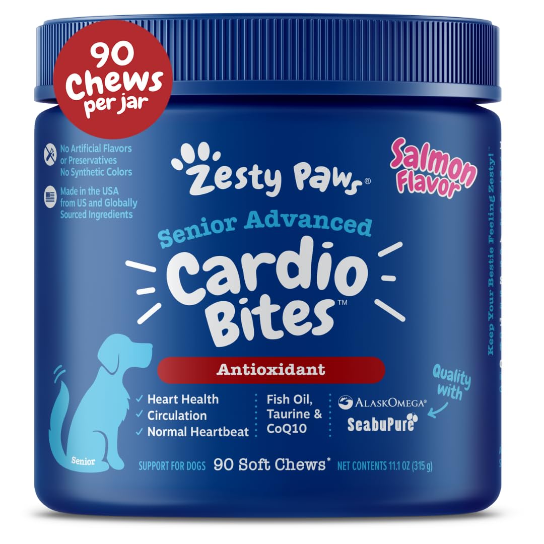 Zesty Paws cardiovascular senior dog chews close-up for heart support.