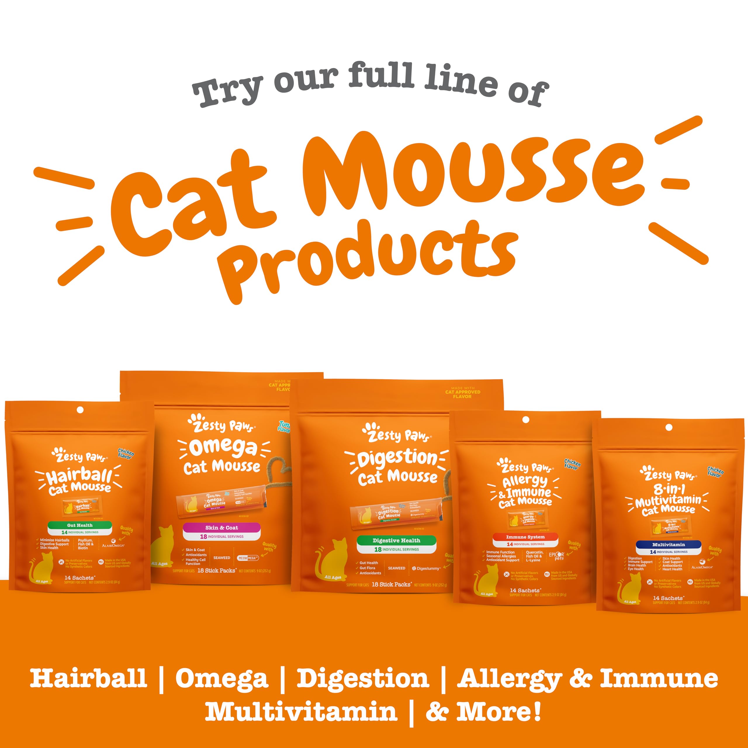 Zesty Paws Cat Mousse Squeezies chicken-flavor image suggests tasty digestion support