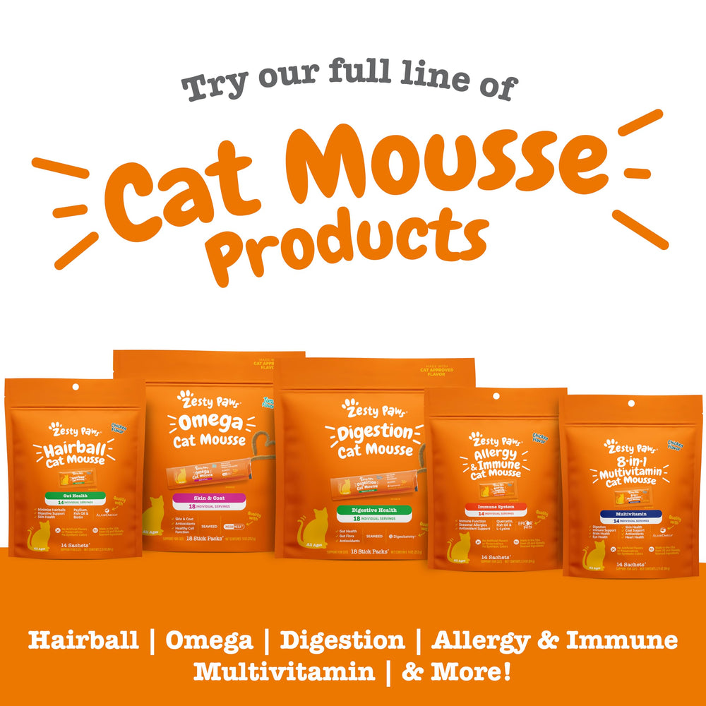 Zesty Paws Cat Mousse Squeezies chicken-flavor image suggests tasty digestion support