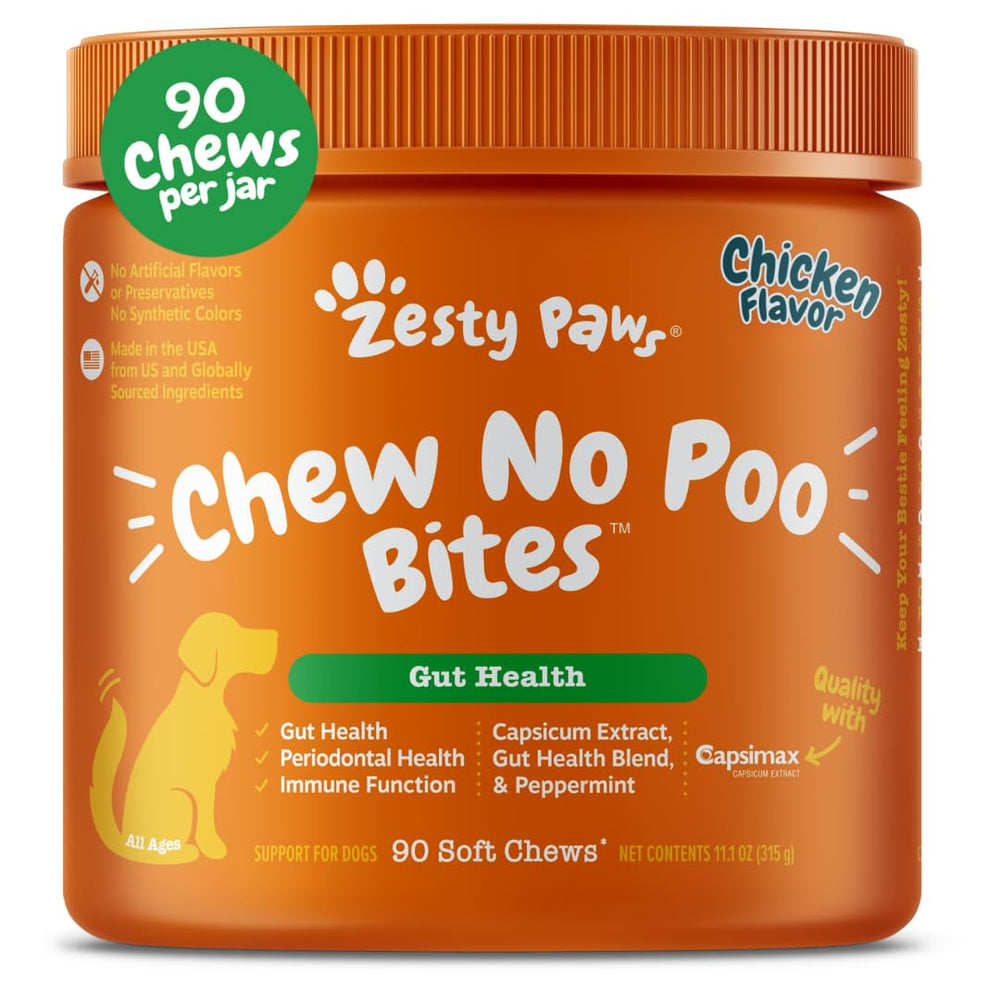 Zesty Paws Chew No Poo bites bottle label for stool-deterrent and probiotic support