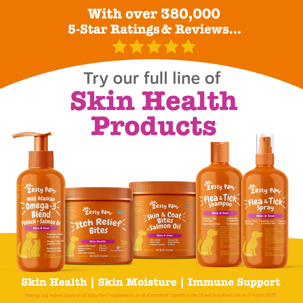 Zesty Paws Coat and Skin support visuals, showing glossy fur and healthy skin after use.
