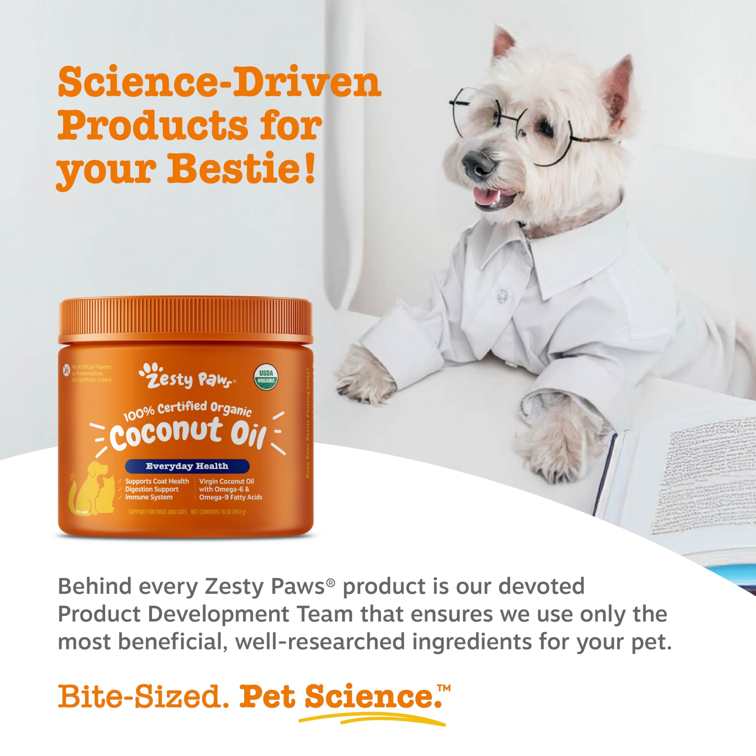 Zesty Paws bottle close-up, virgin organic oil for daily pet wellness.