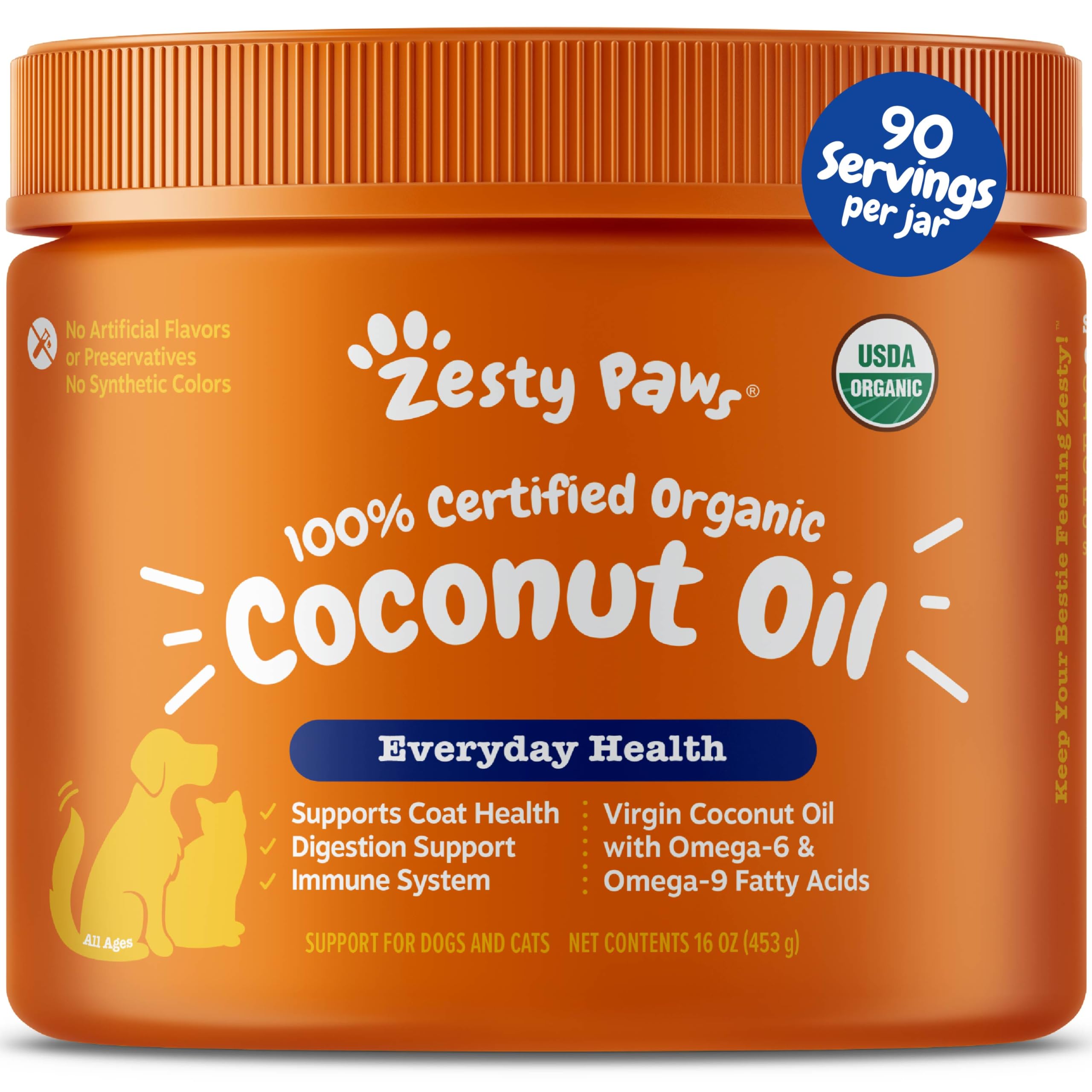 Zesty Paws Coconut Oil bottle 16oz for dogs, virgin organic oil supporting a glossy coat.